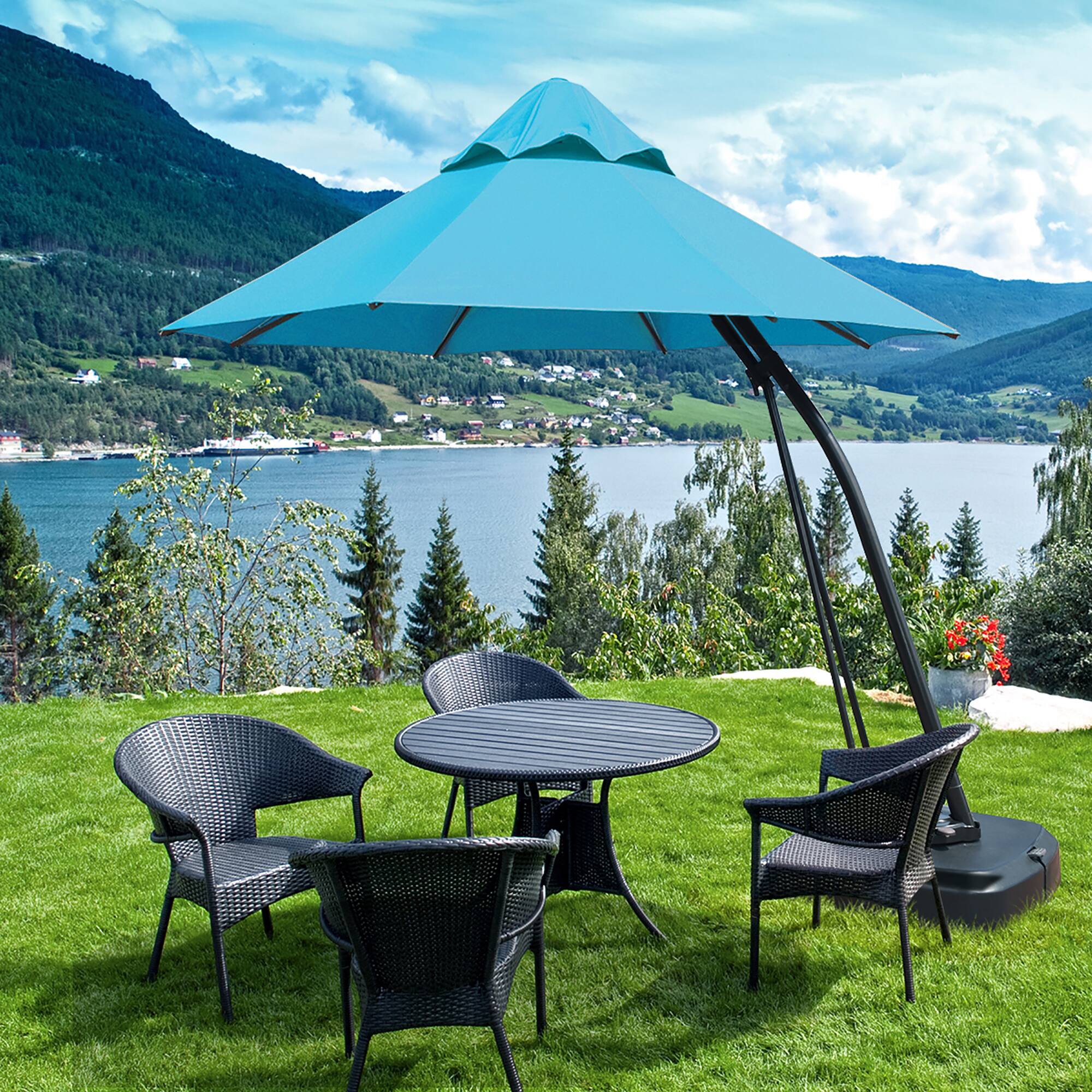 Alt View 2. Costway - Costway 11FT Outdoor Cantilever Offset Hanging Umbrella w/ Base Wheel - Turquoise.
