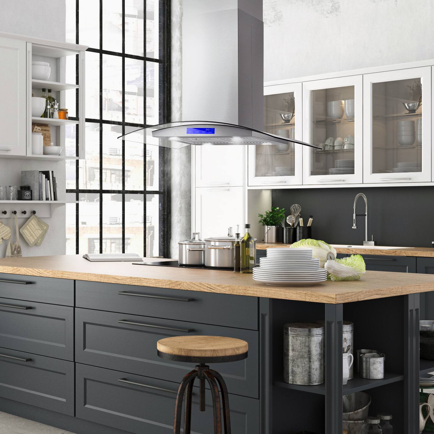 Angle. COSMO - COS-668ICS900 36 in. Lumin Collection 380 CFM Ducted Island Range Hood, Soft Touch Controls, LED Lights - Stainless Steel.