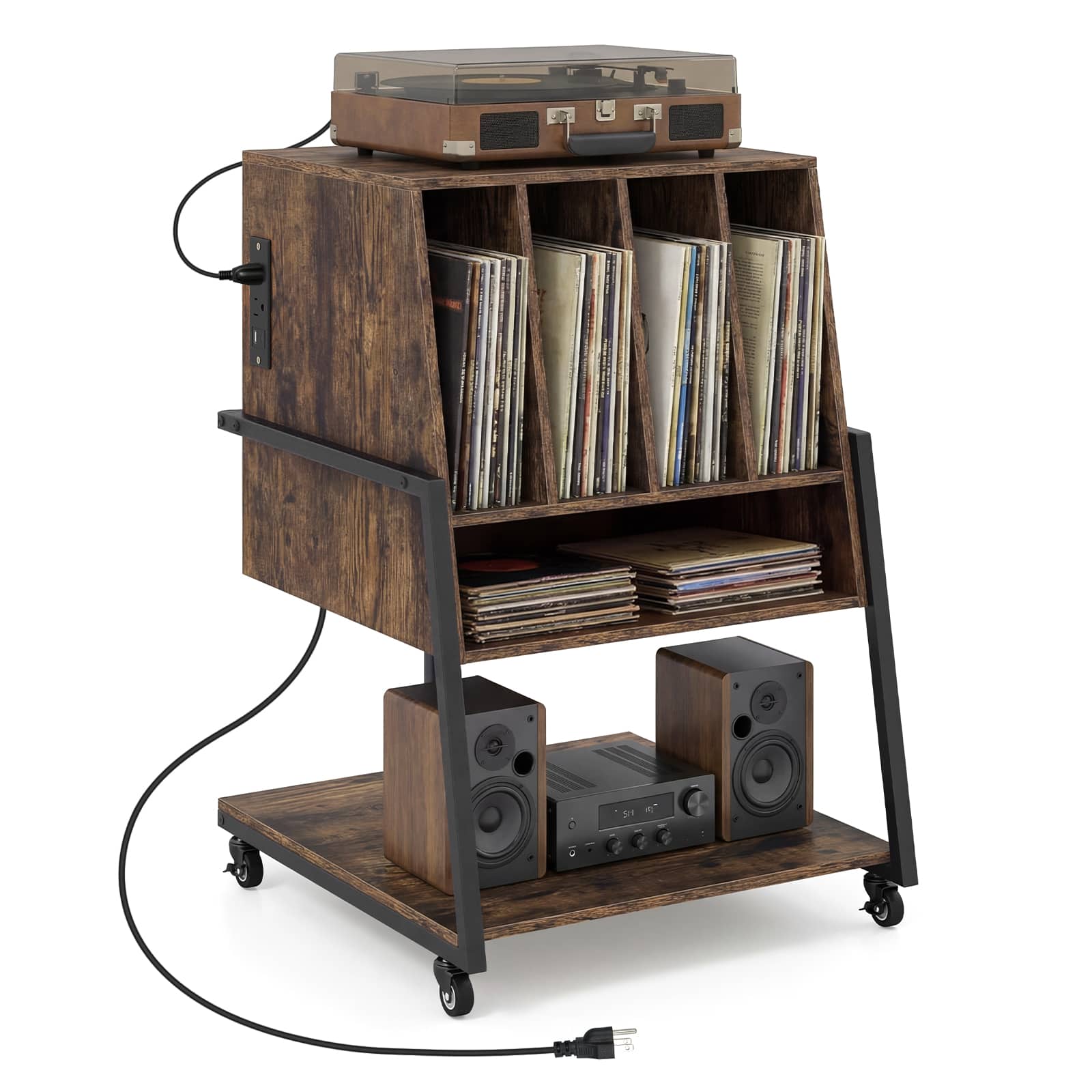 Costway - Record Player Stand with Charging Station, Vinyl Record Storage Organizer - Rustic Brown