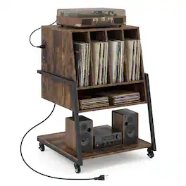 Costway - Record Player Stand with Charging Station, Vinyl Record Storage Organizer - Rustic Brown