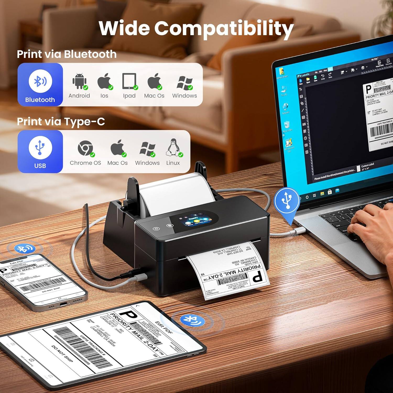 Wide Compatibility

Print via Bluetooth  
- Android  
- iOS  
- iPad  
- Mac OS  
- Windows  

Print via Type-C  
- USB  
- Chrome OS  
- Mac OS  
- Windows  
- Linux  

Priority Mail 2-Day  
- DO NOT SHIP  
- PRIORITY MAIL 2-DAY
