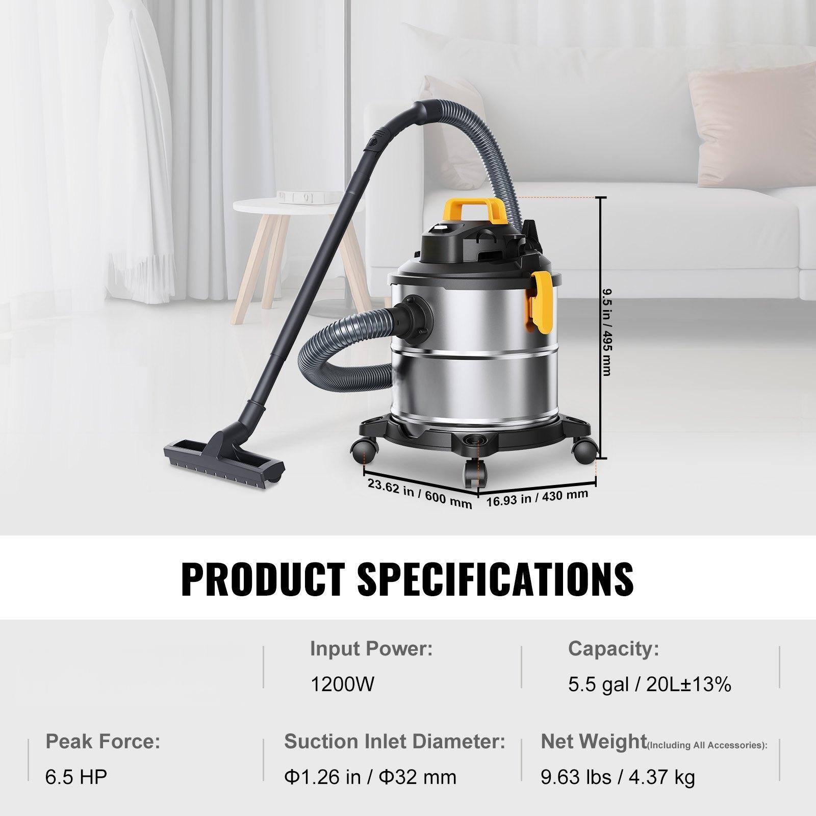 **PRODUCT SPECIFICATIONS**

- **Input Power:** 1200W
- **Capacity:** 5.5 gal / 20L ±13%
- **Peak Force:** 6.5 HP
- **Suction Inlet Diameter:** 1.26 in / 32 mm
- **Net Weight (Including All Accessories):** 9.63 lbs / 4.37 kg

**Dimensions:**
- Height: 23.62 in / 600 mm
- Width: 9.5 in / 495 mm
- Depth: 16.93 in / 430 mm