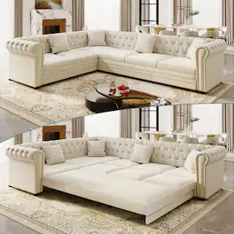 Anysun - 115.3" L-Shaped Sofa Couch with Pull-Out Bed – Velvet Button Tufted Couch with Gold Trim Rolled Arms, with Throw Pillows - Beige White