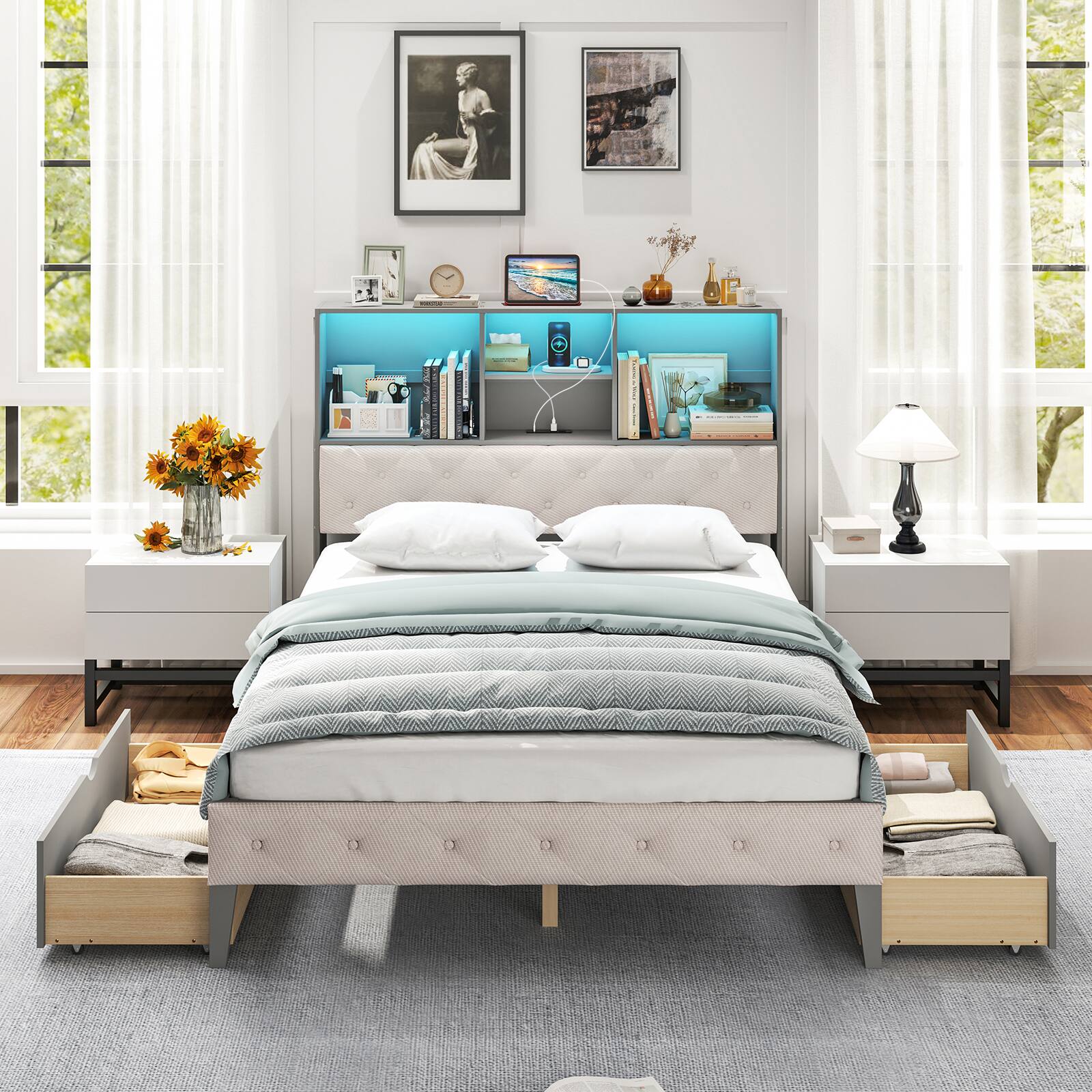 Angle. LUCKY ONE - Full Assembled Platform Bed Frame with Bookcase Headboard LED Lights Charging Station Drawers - Gray.