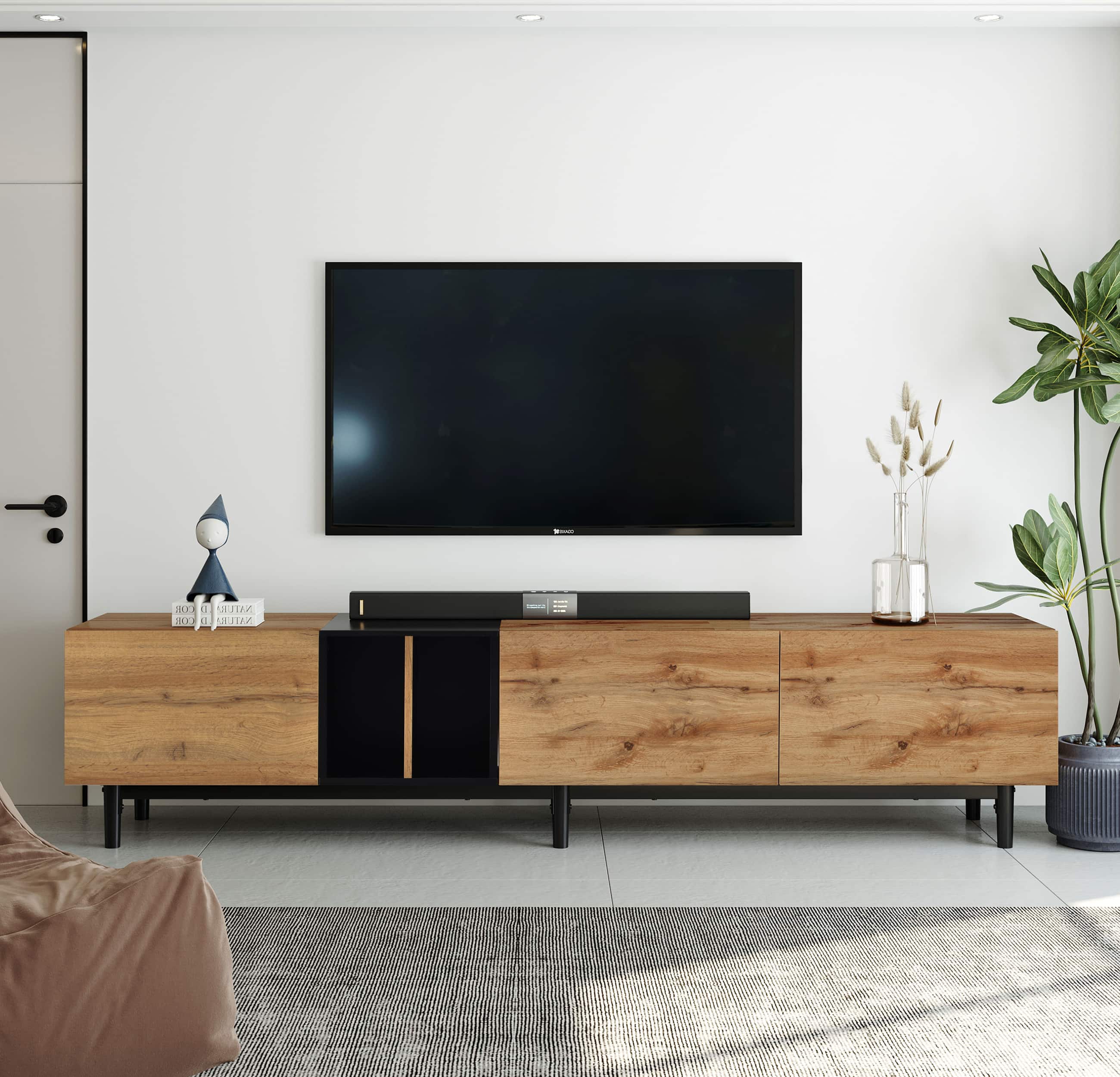 Dexmalle - Dexmalle-Modern TV Stand for 80 Inch TVs Entertainment Center with 3 Doors and Large Cabinets - Natural Wood