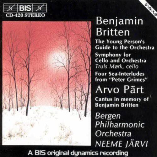 BIS CD-420 STEREO

Benjamin Britten  
The Young Person's Guide to the Orchestra  
Symphony for Cello and Orchestra  
Truls Mørk, cello  
Four Sea-Interludes from "Peter Grimes"  

Arvo Pärt  
Cantus in memory of Benjamin Britten  

Bergen Philharmonic Orchestra  
NEEME JÄRVI  

A BIS original dynamics recording