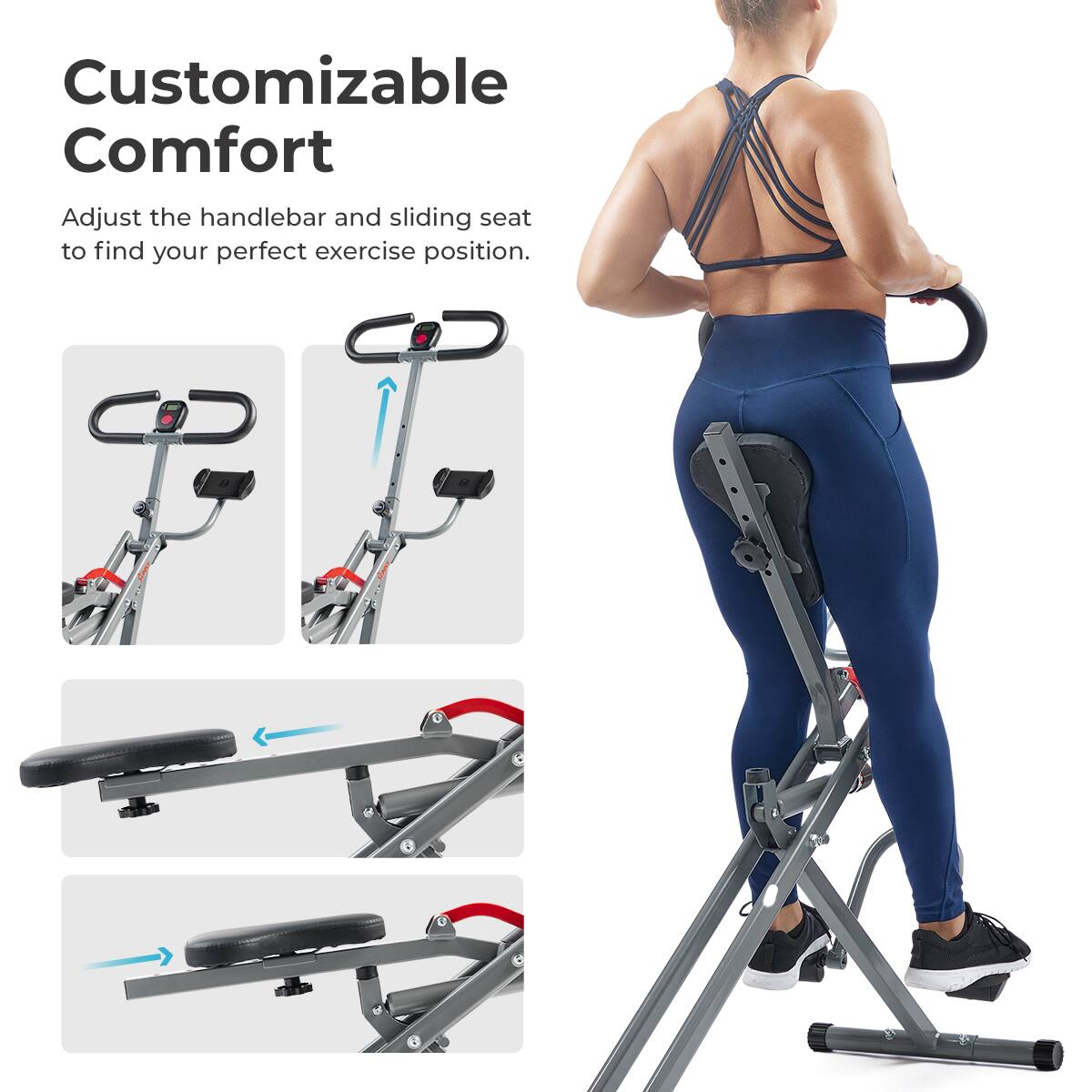 Customizable Comfort
Adjust the handlebar and sliding seat to find your perfect exercise position.