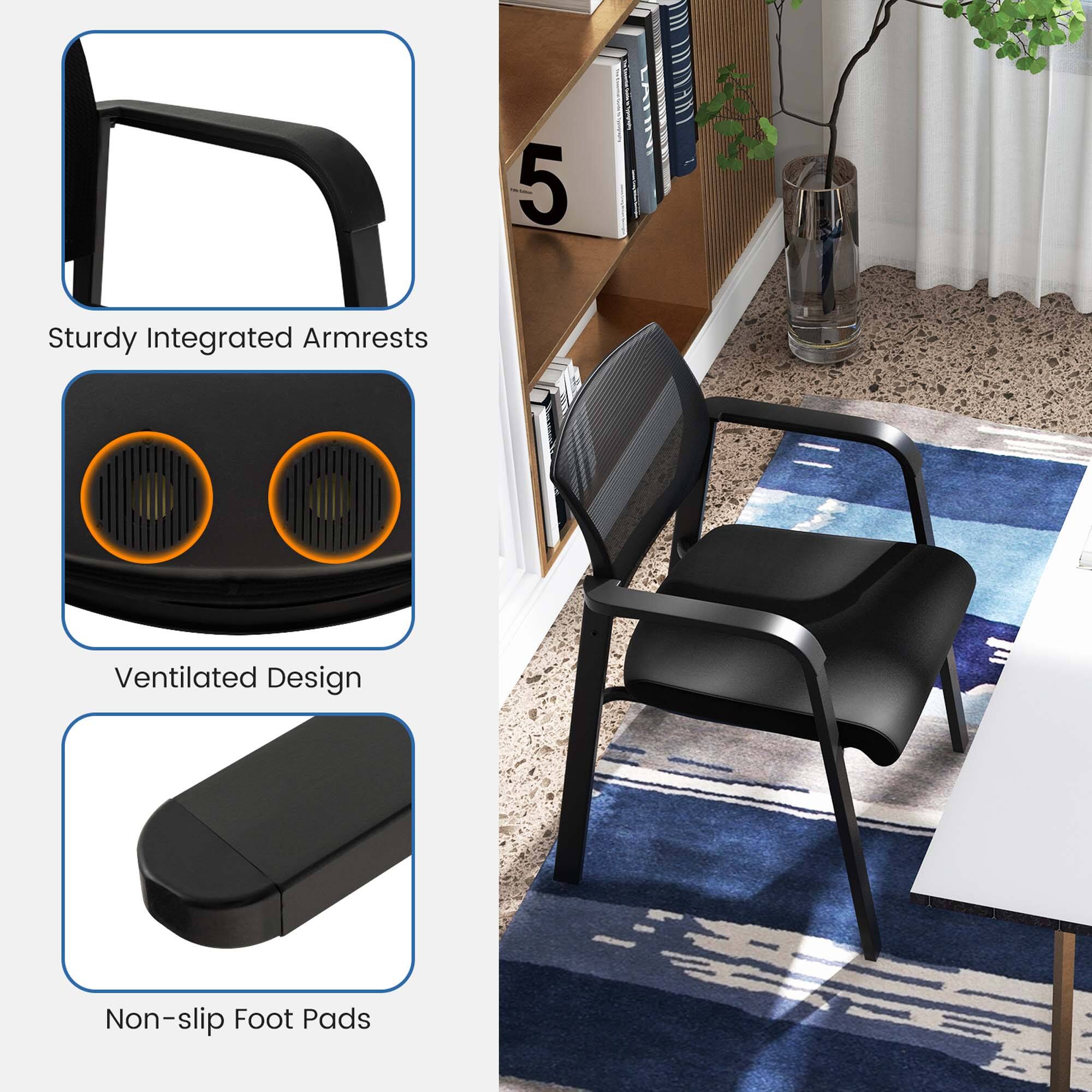 The text on the image is grouped as follows:

1. Sturdy Integrated Armrests
2. Ventilated Design
3. Non-slip Foot Pads