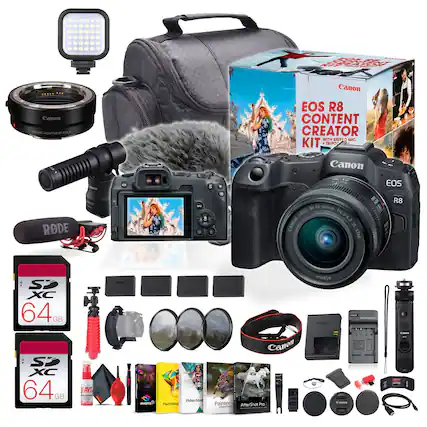 4A FIELD Canon MOUNT ADAPTER P-40S OF A Canon EOS R8 CONTENT CREATOR WITH STEREO MIC KIT TRIPOD Canon - EOS RODE - RF24-50mm LENS F4.5-6.3 CANON IS STM R8 + SP XC 64 GB SP XC 64 GB SAVE 20% | Coldier VideoStud s Painhop Canon Painter AfterShot Pro
EOS R8 CONTENT CREATOR KIT WITH STEREO MIC + TRIPOD