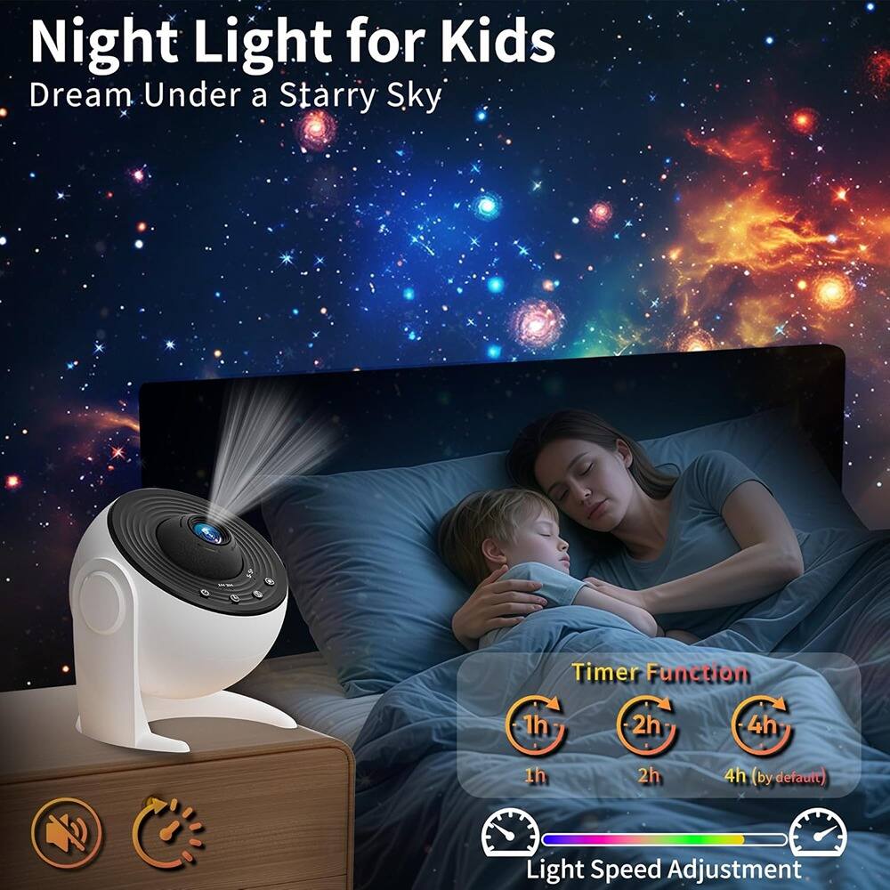 Night Light for Kids  
Dream Under a Starry Sky  

Timer Function  
1h 2h 4h (by default)  

Light Speed Adjustment