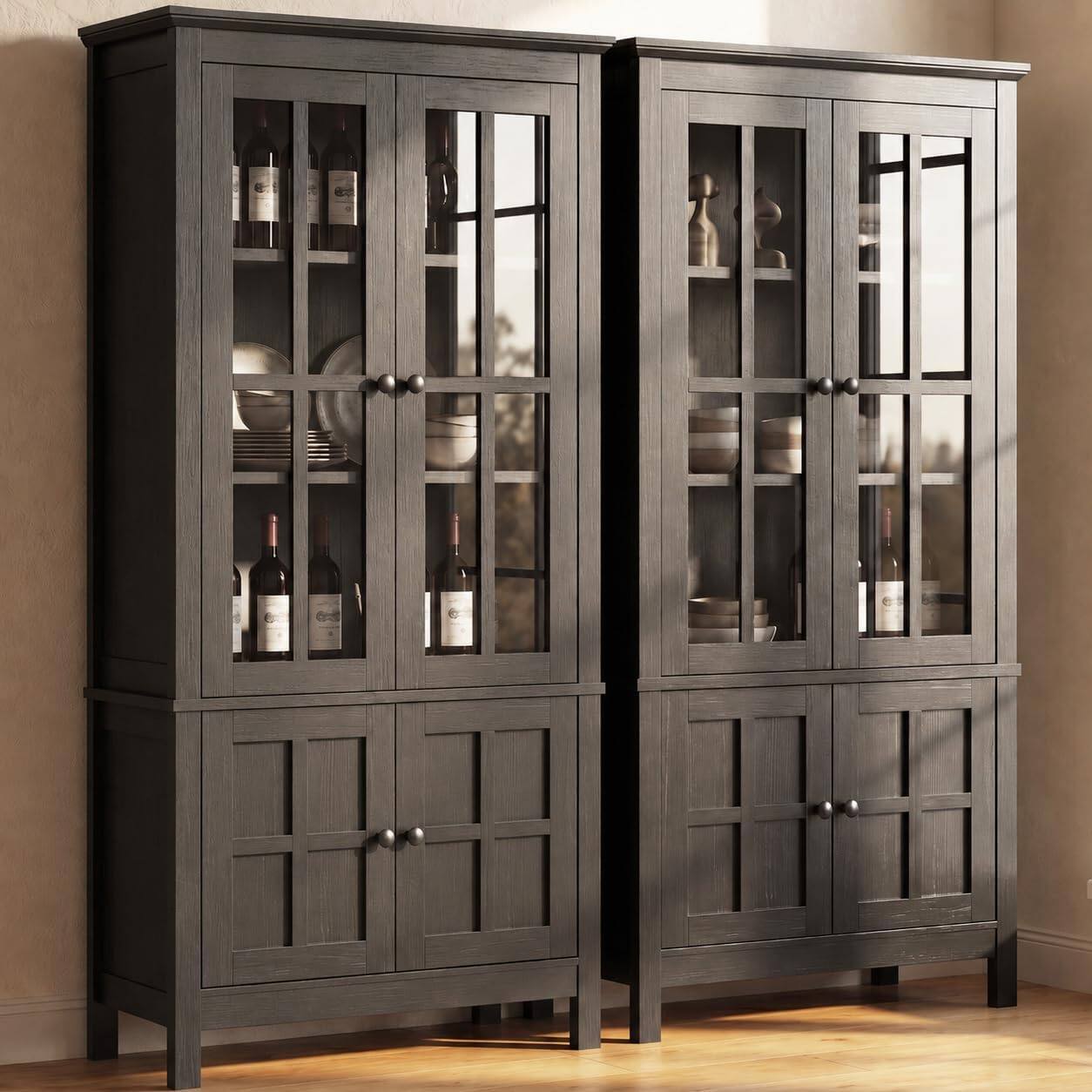 Alt View 3. Aheaplus - 63'' Tall Farmhouse Pantry Storage Cabinet with Adjustable Shelves and Glass Doors, 59'' Width, 2 Packs - Black.