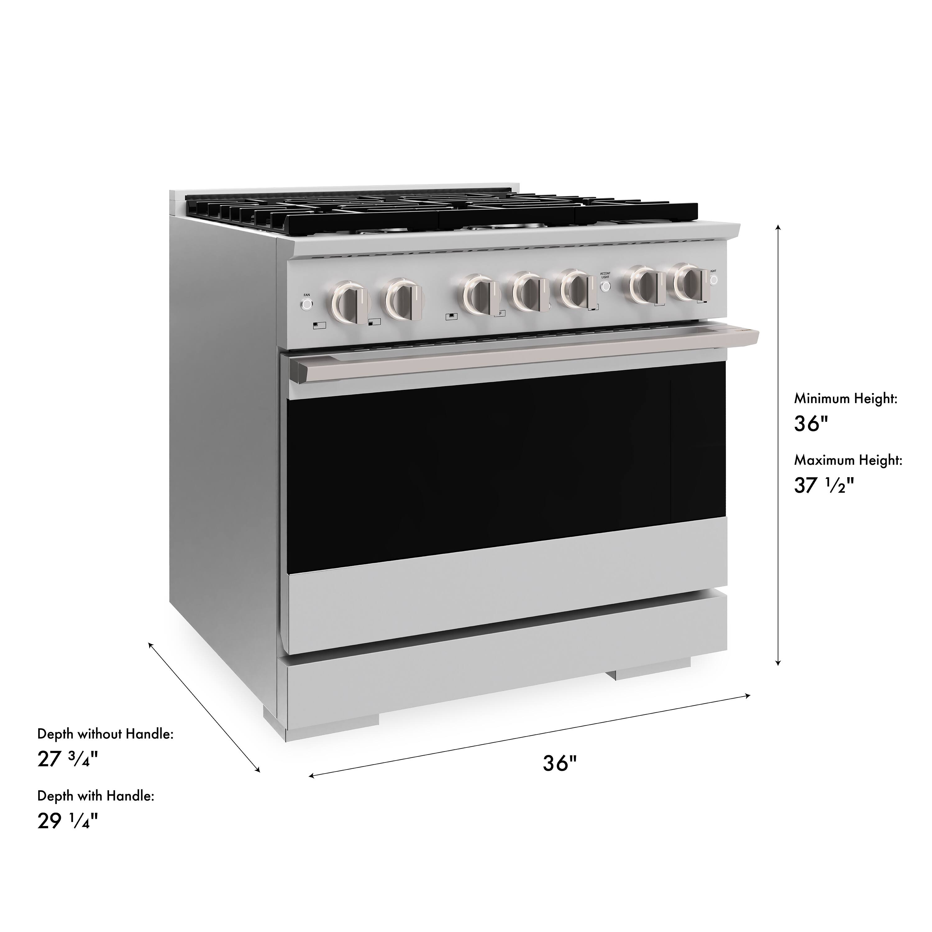 Minimum Height: 36"  
Maximum Height: 37 1/2"  
Depth without Handle: 27 3/4"  
Depth with Handle: 29 1/4"