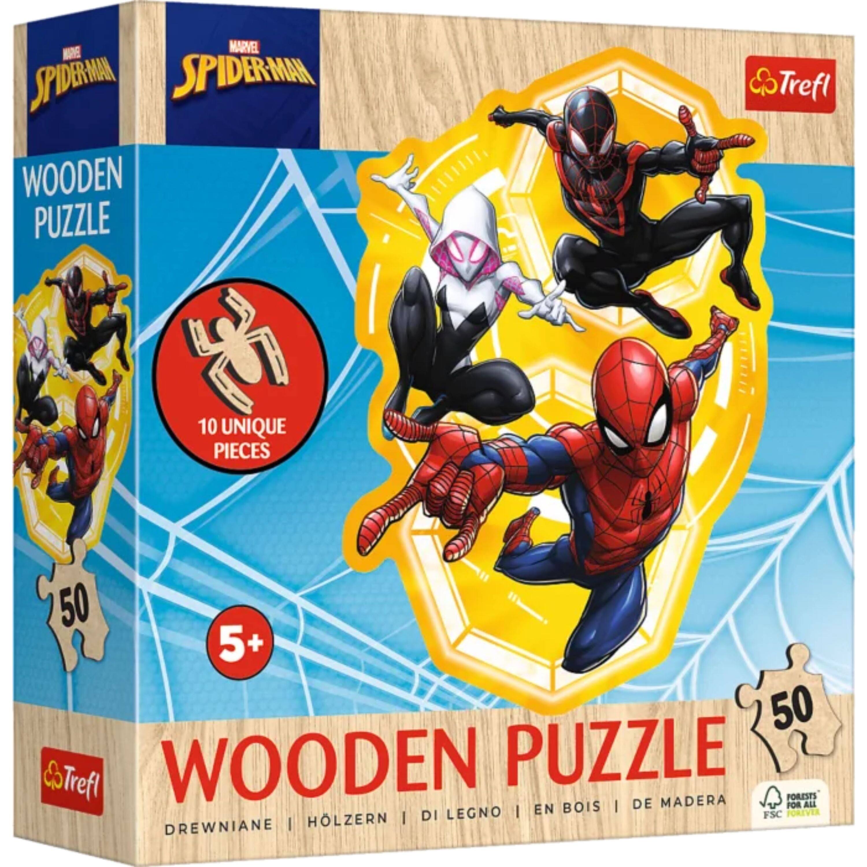 MARVEL SPIDERMAN  
WOODEN PUZZLE  
10 UNIQUE PIECES  
50 PIECES  
5+  

Trefl  
FORESTS FOR ALL  
FSC CERTIFIED  

DREWNIAŃE | HOLZERN | DI LEGNO | EN BOIS | DE MADERA