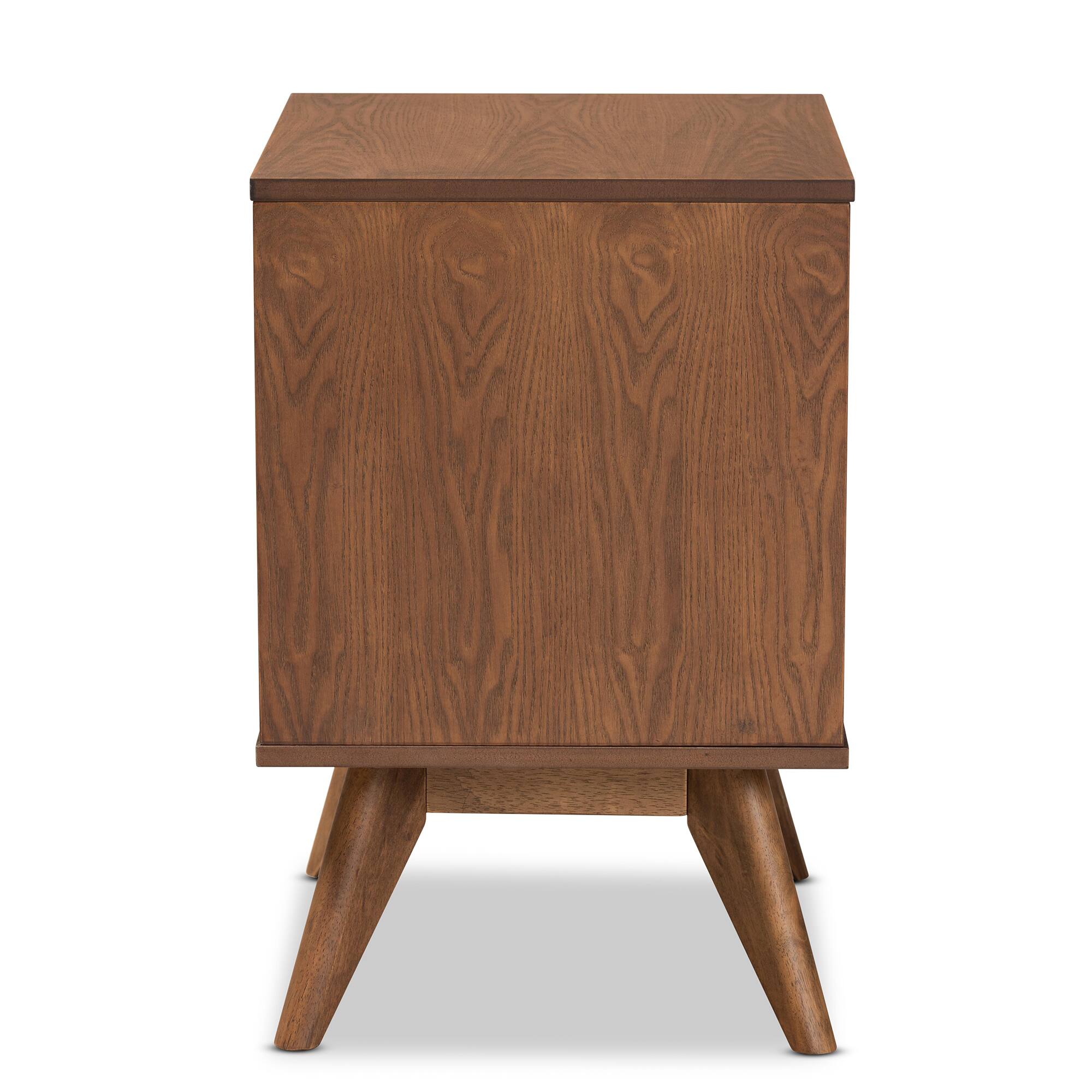 Back. Baxton Studio - Barrett Mid-Century Modern Finished Wood and Synthetic Rattan 2-Drawer Nightstand - Walnut Brown.