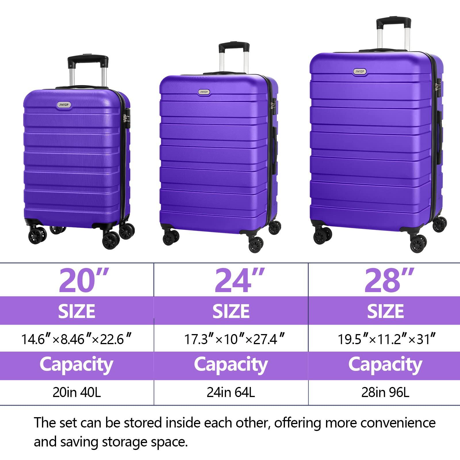 MP avaT Miue

20" SIZE  
14.6" x 8.46" x 22.6"  
Capacity: 20in 40L  

24" SIZE  
17.3" x 10" x 27.4"  
Capacity: 24in 64L  

28" SIZE  
19.5" x 11.2" x 31"  
Capacity: 28in 96L  

The set can be stored inside each other, offering more convenience and saving storage space.