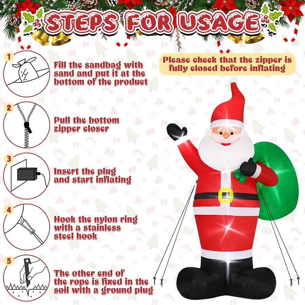 Sure, here is the corrected and grouped text:

---

**STEPS FOR USAGE**

1. Fill the sandbag with sand and put it at the bottom of the product

2. Pull the bottom zipper closer

3. Insert the plug and start inflating

4. Hook the nylon ring with a stainless steel hook

5. The other end of the rope is fixed in the soil with a ground plug

*Please check that the zipper is fully closed before inflating*

---