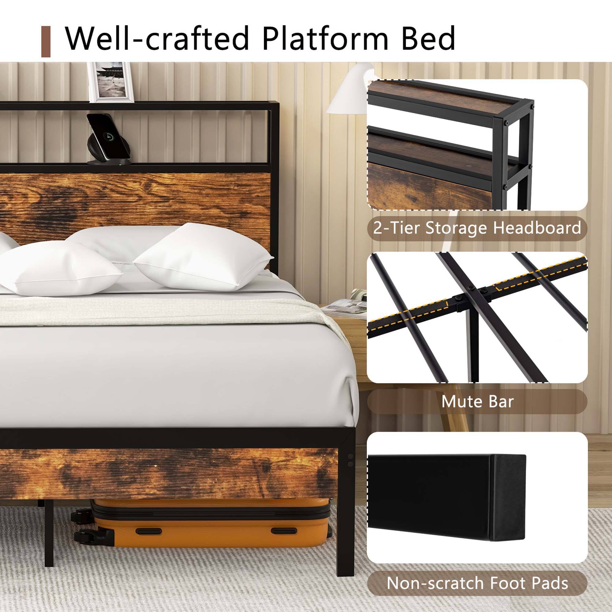 Well-crafted Platform Bed 2-Tier Storage Headboard Mute Bar Non-scratch Foot Pads