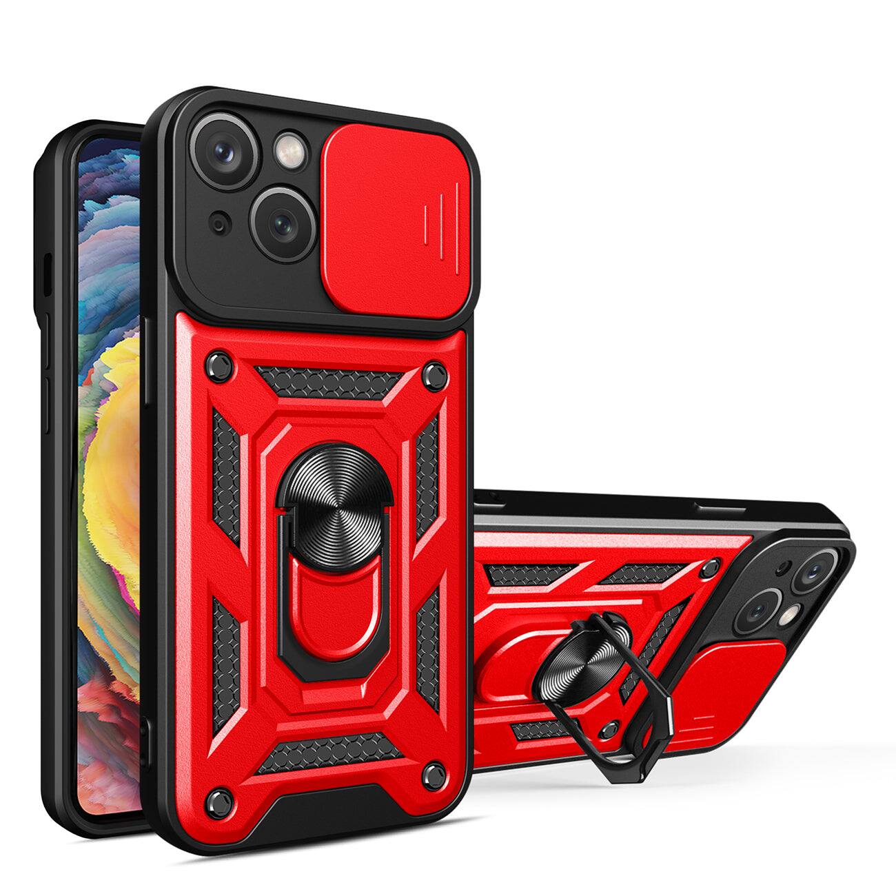 Front. Reiko - Kickstand Ring Holder With Slide Camera Cover Tpu Magnetic Car Mount For Apple Iphone 14 Plus In Red - Red.