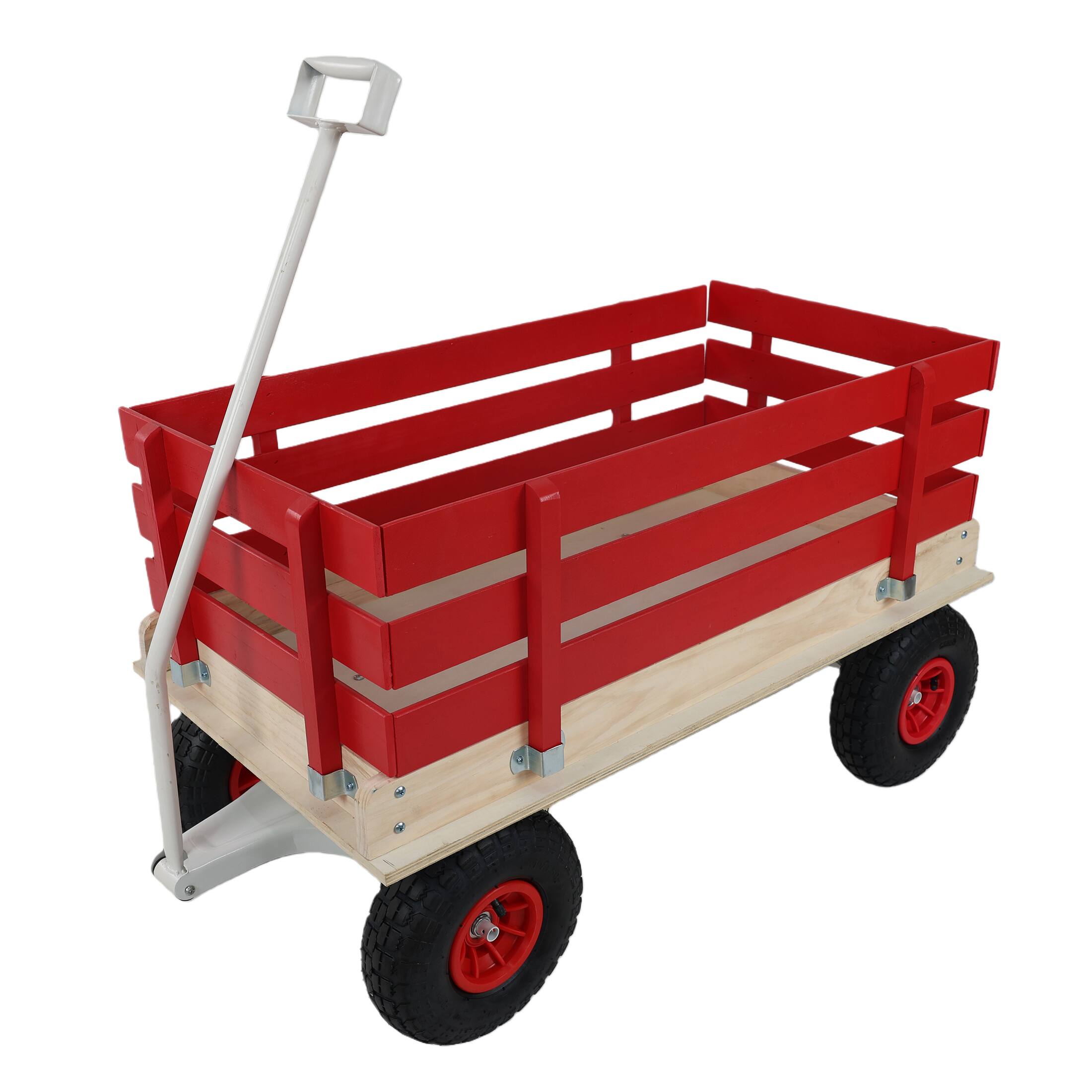 Back. Whisen - Wooden Utility Wagon with Folding Handle, Heavy Duty Outdoor Wagon & Garden Cart for Kids & Camping - Red.