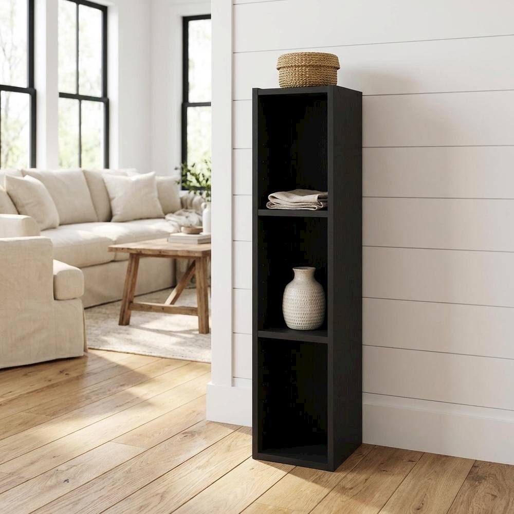 Angle. FurniFact - Black wood bookcase with sleek design and sturdy construction - Blackwood.