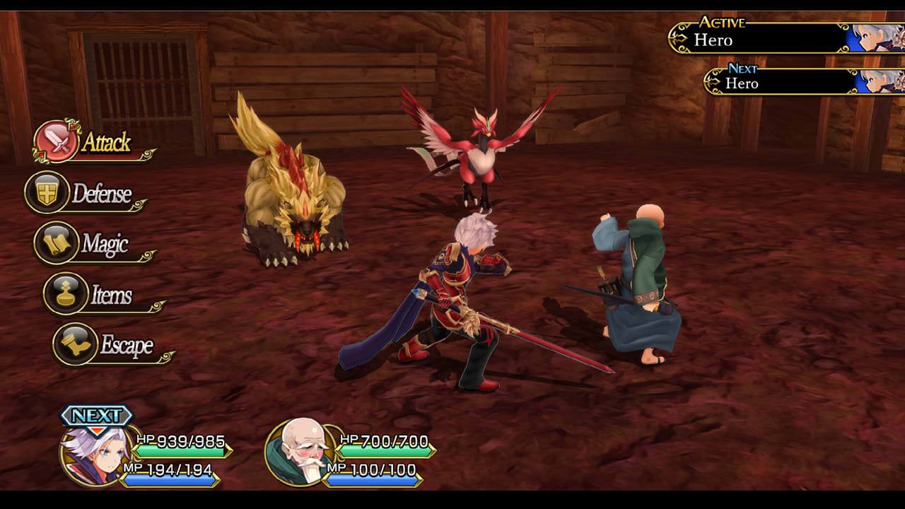 ACTIVE Hero  
NEXT Hero  

Attack  
Defense  
Magic  
Items  
Escape  

NEXT  
HP 939/985  
MP 194/194  

HP 700/700  
MP 100/100