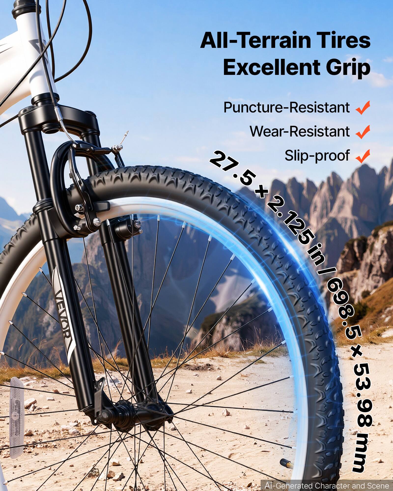 All-Terrain Tires Excellent Grip

Puncture-Resistant ✔️
Wear-Resistant ✔️
Slip-proof ✔️

27.5 x 2.125 in / 698.5 x 53.98 mm

Ai-Generated Character and Scene