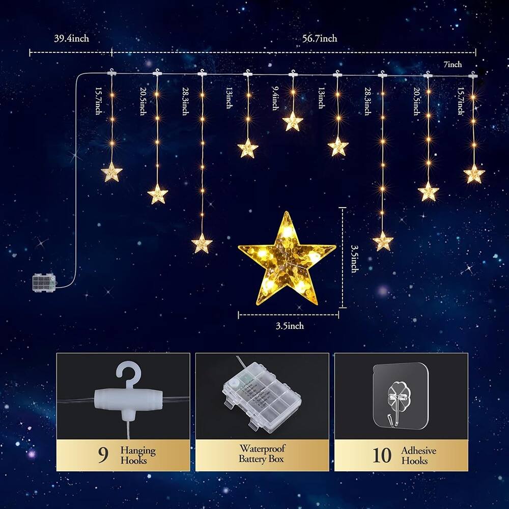 39.4 inch  
56.7 inch  
7 inch  
15.7 inch  
20.5 inch  
28.3 inch  
13 inch  
9.4 inch  
13 inch  
28.3 inch  
20.5 inch  
15.7 inch  
3.5 inch  
3.5 inch  

9 Hanging Hooks  
Waterproof Battery Box  
10 Adhesive Hooks