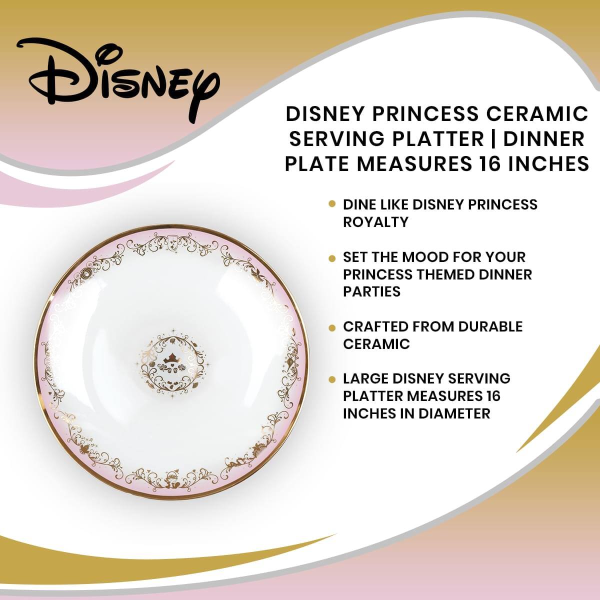 Disney DISNEY PRINCESS CERAMIC SERVING PLATTER | DINNER PLATE MEASURES 16 INCHES

- DINE LIKE DISNEY PRINCESS ROYALTY
- SET THE MOOD FOR YOUR PRINCESS THEMED DINNER PARTIES
- CRAFTED FROM DURABLE CERAMIC
- LARGE DISNEY SERVING PLATTER MEASURES 16 INCHES IN DIAMETER
