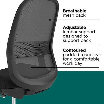 Breathable mesh back  
Adjustable lumbar support designed to support back  
Contoured padded foam seat for a comfortable work day