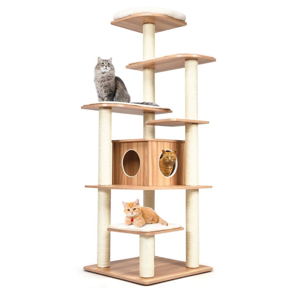 Alt View 4. Kadyn - Cat Tower, Cat Tree for Indoor Cats, 7-Layer Wooden Cat Tree Tall Cat Tower with Sisal Posts and Condo-Natural - Yellow.