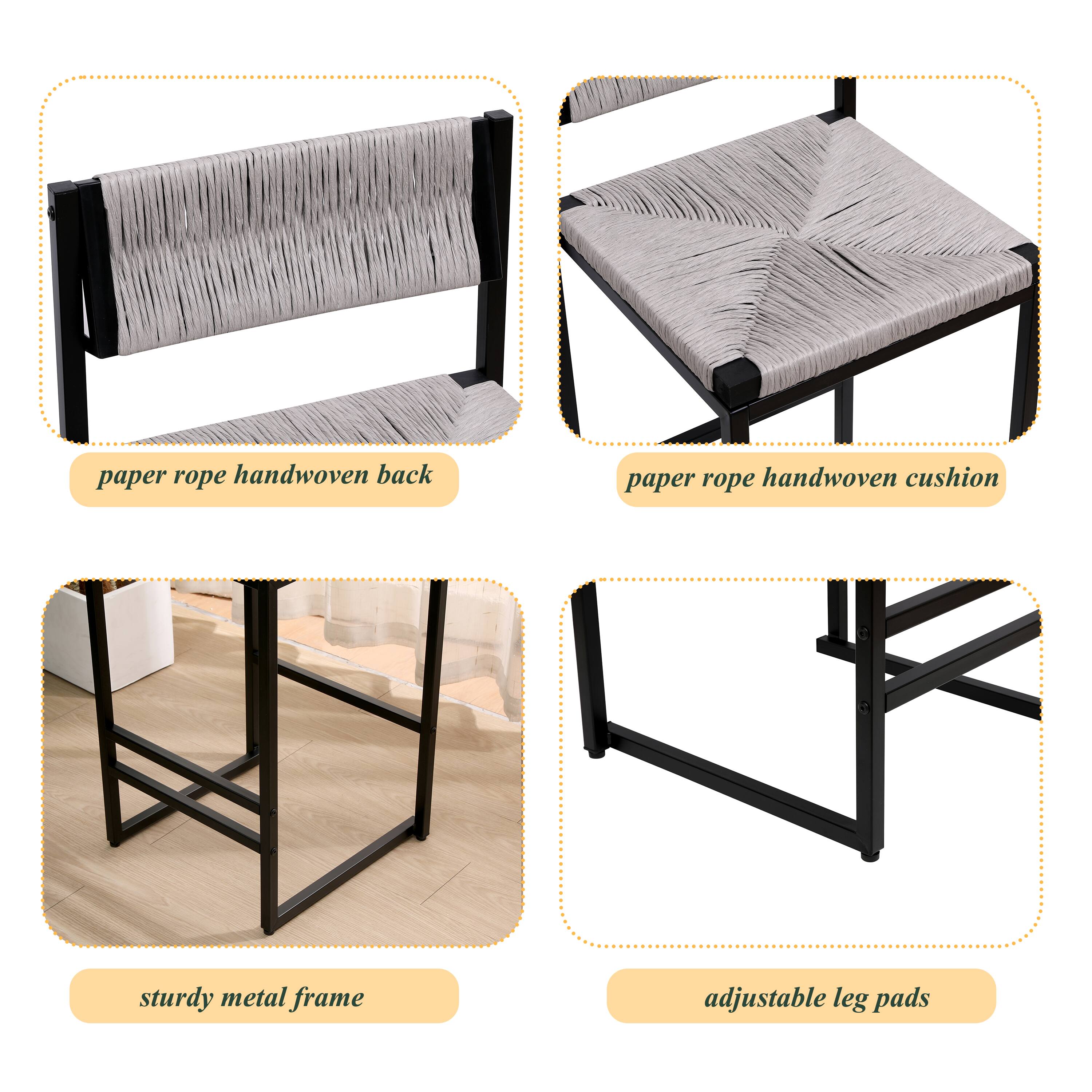 - paper rope handwoven back
- paper rope handwoven cushion
- sturdy metal frame
- adjustable leg pads