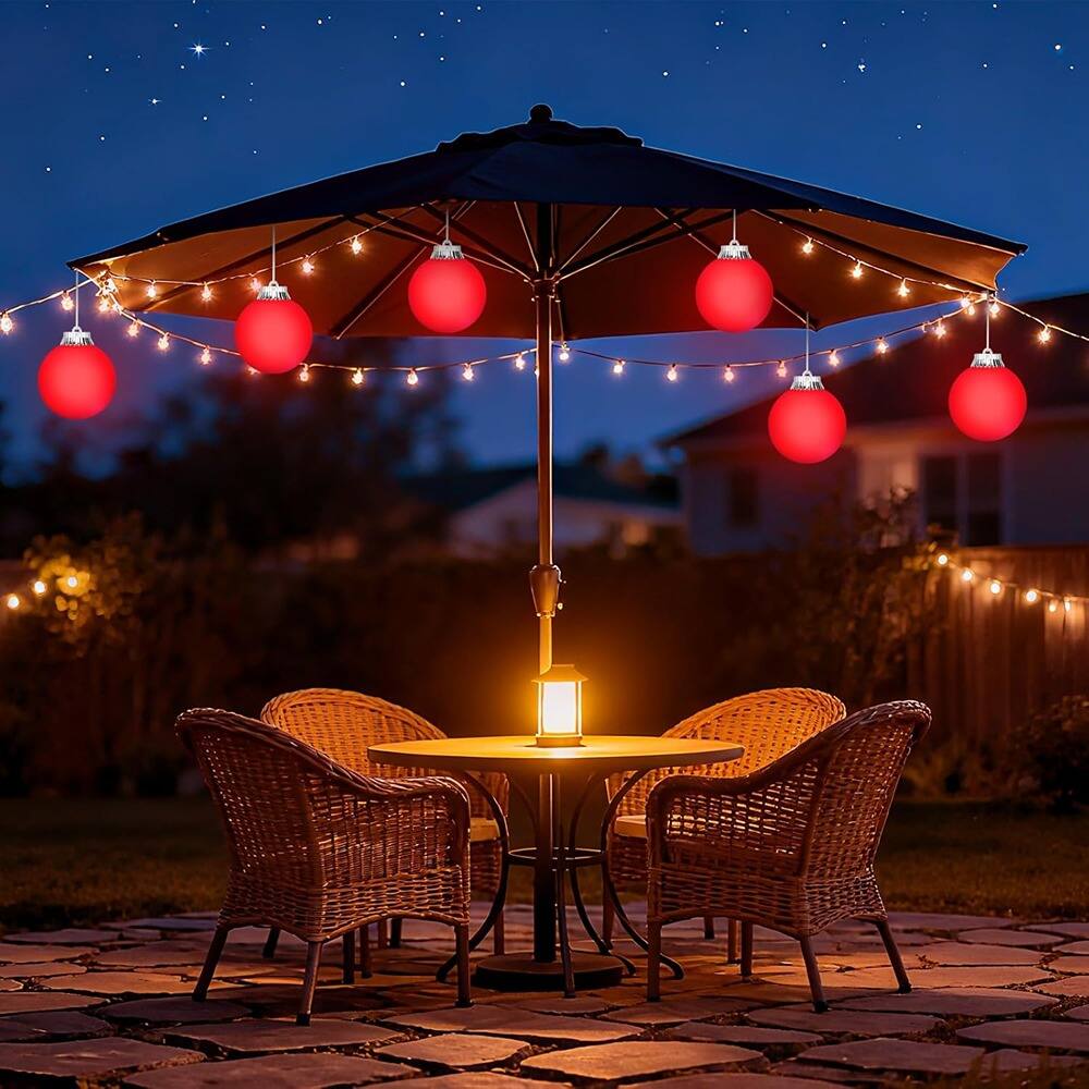 Angle. RTMB - 6-Pack 5" LED Globe Ornaments, Battery-Powered Plastic Lights w/ Remote - red.