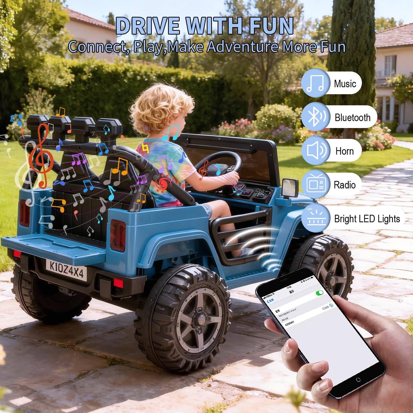 DRIVE WITH FUN  
Connect, Play, Make Adventure More Fun

- Music
- Bluetooth
- Horn
- Radio
- Bright LED Lights

K10Z4X4
