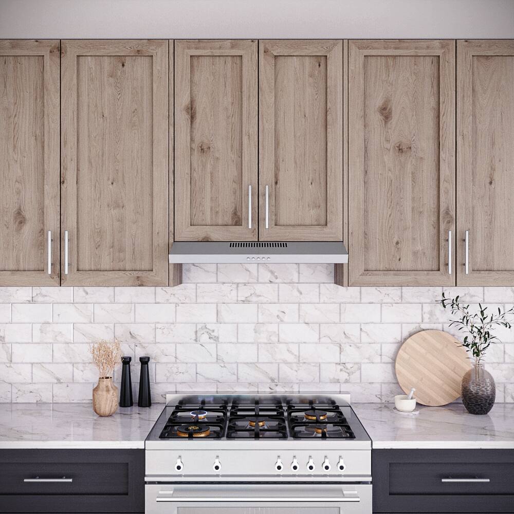 Left. Streamline - 30 in. Bergamo Ductless Undermount 80 CFM Range Hood, Mesh Filters, Push Button Control, LED Light - Brushed Stainless Steel.