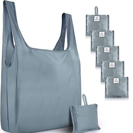Front. Zulay Kitchen - Zulay Kitchen 5 Pack 50 Pound Reusable Grocery Bags - Large Foldable Reusable Bags With Handles and Drawstring Bag - Gray.