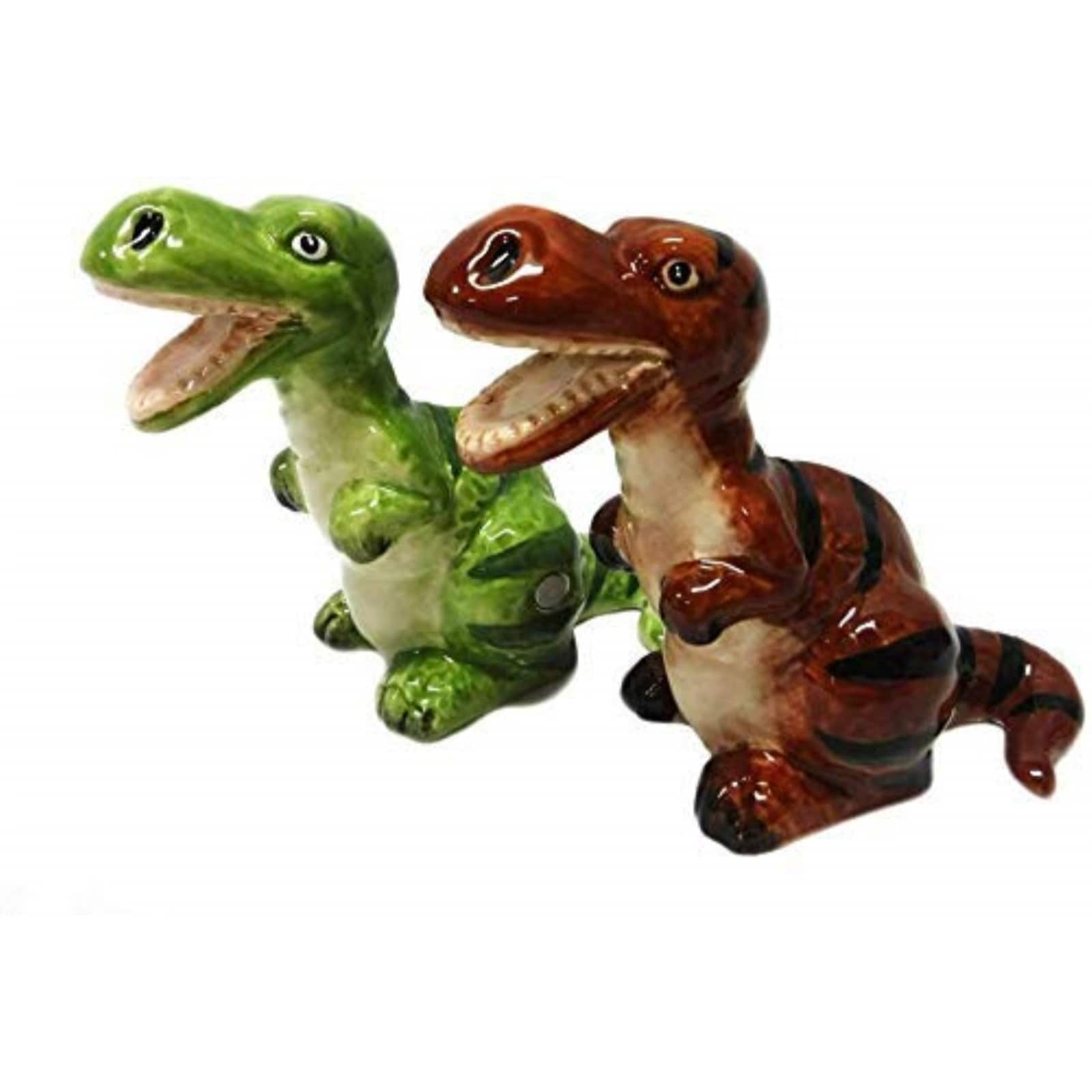 Pacific Trading - Green and Brown Dinosaurs Ceramic Magnetic Salt and Pepper Shaker Set - Multicolor
