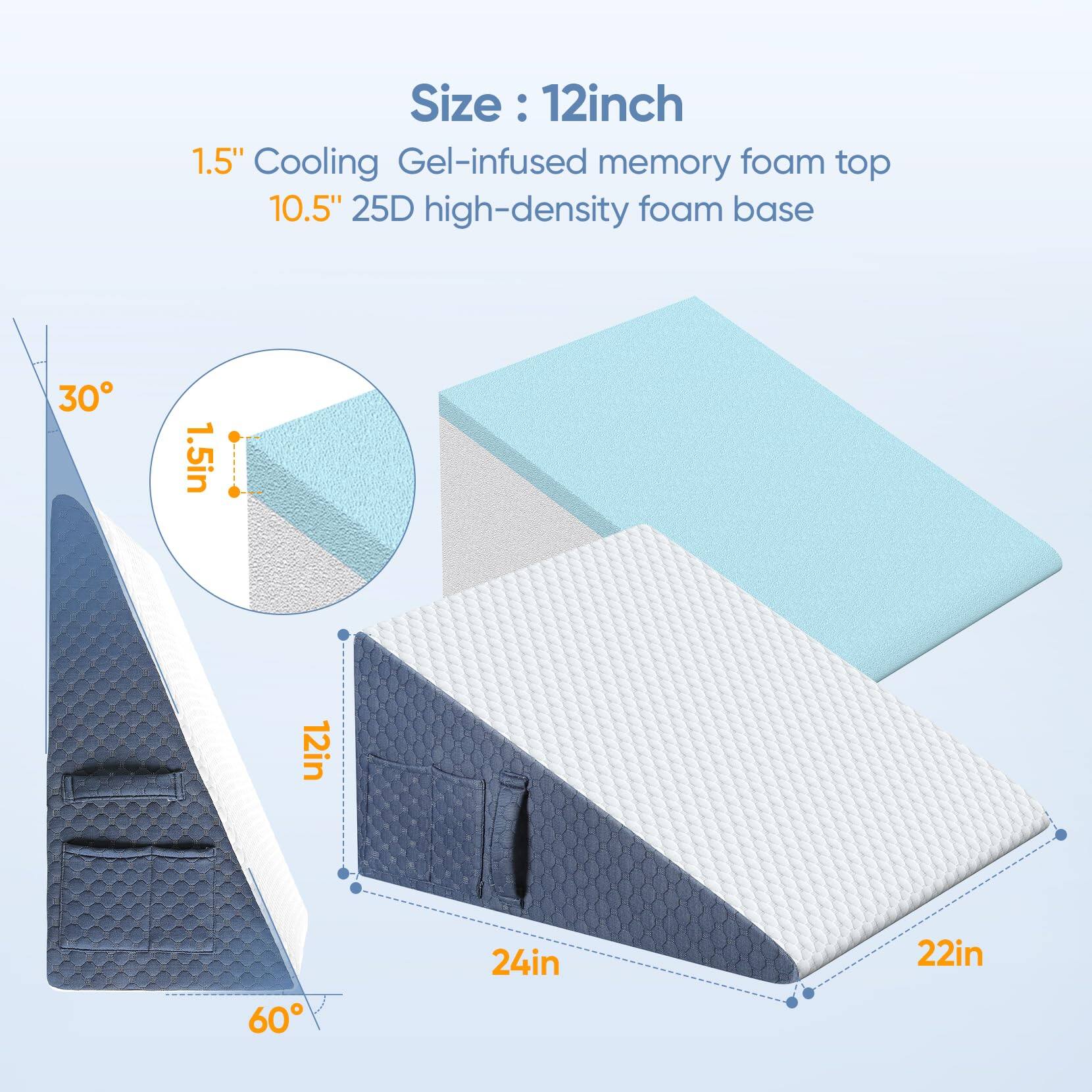 Size: 12 inch  
1.5" Cooling Gel-infused memory foam top  
10.5" 25D high-density foam base  

Dimensions:  
- 24in (length)  
- 22in (width)  
- 12in (height)  
- 1.5in (thickness of the top layer)