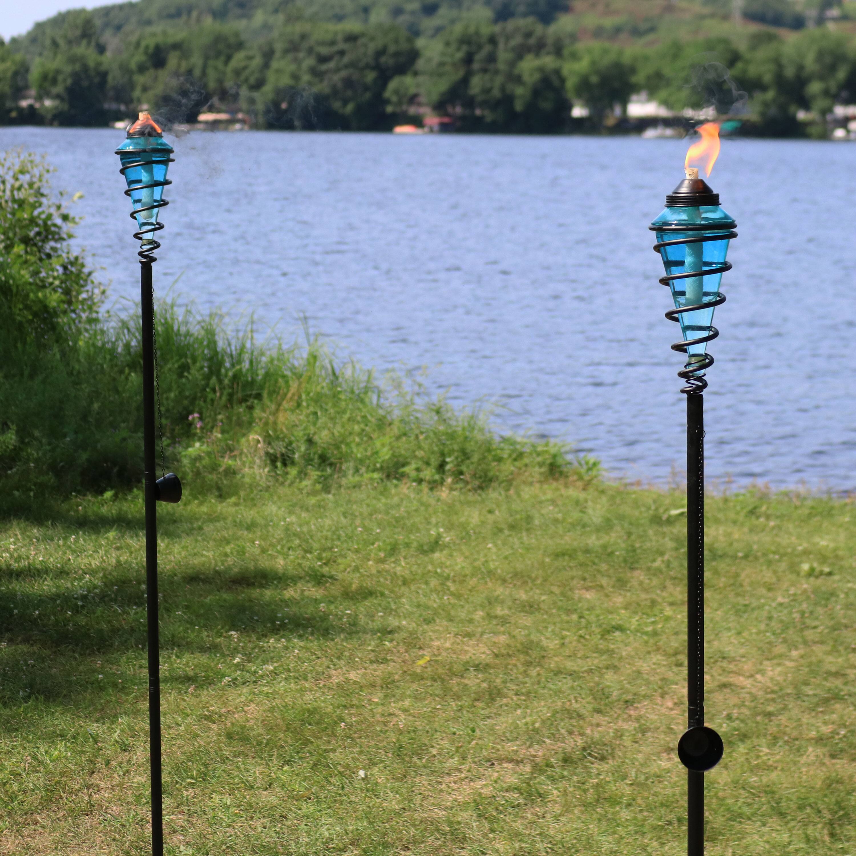 Alt View 5. Sunnydaze - Swirled Metal/Glass 2-in-1 Outdoor Lawn Torch - Set of 2 - Blue.