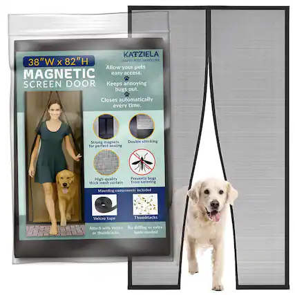 KATZIELA 82"H HAPPY PETS HAPPY LIFE 38"W X 82"H
MAGNETIC SCREEN DOOR
- Allow your pets easy access.
- Keeps annoying bugs out.
- Closes automatically every time.
Features:
- Strong magnets
- Double stitching for perfect sealing
- High-quality thick mesh curtain
- Prevents bugs from entering
Mounting components included:
- Velcro tape
- Thumbtacks
Attach with Velcro or thumbtacks. No drilling or extra tools needed.