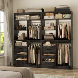 Aheaplus - 72"2-Piece Walk-in Closet Organizer System with 6 Drawers, Hanging Rods & Adjustable Shelves for Bedroom - Gray Oak