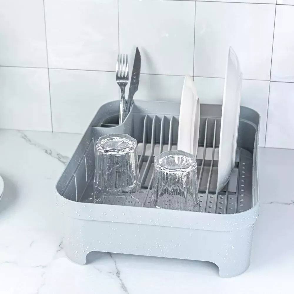 Back. OU - OU Kitchen Sink Organizer 3pc Set, Dish Rack, Cutlery Drainer & Soap Dispenser Caddy w Sponge Holder - White - White.
