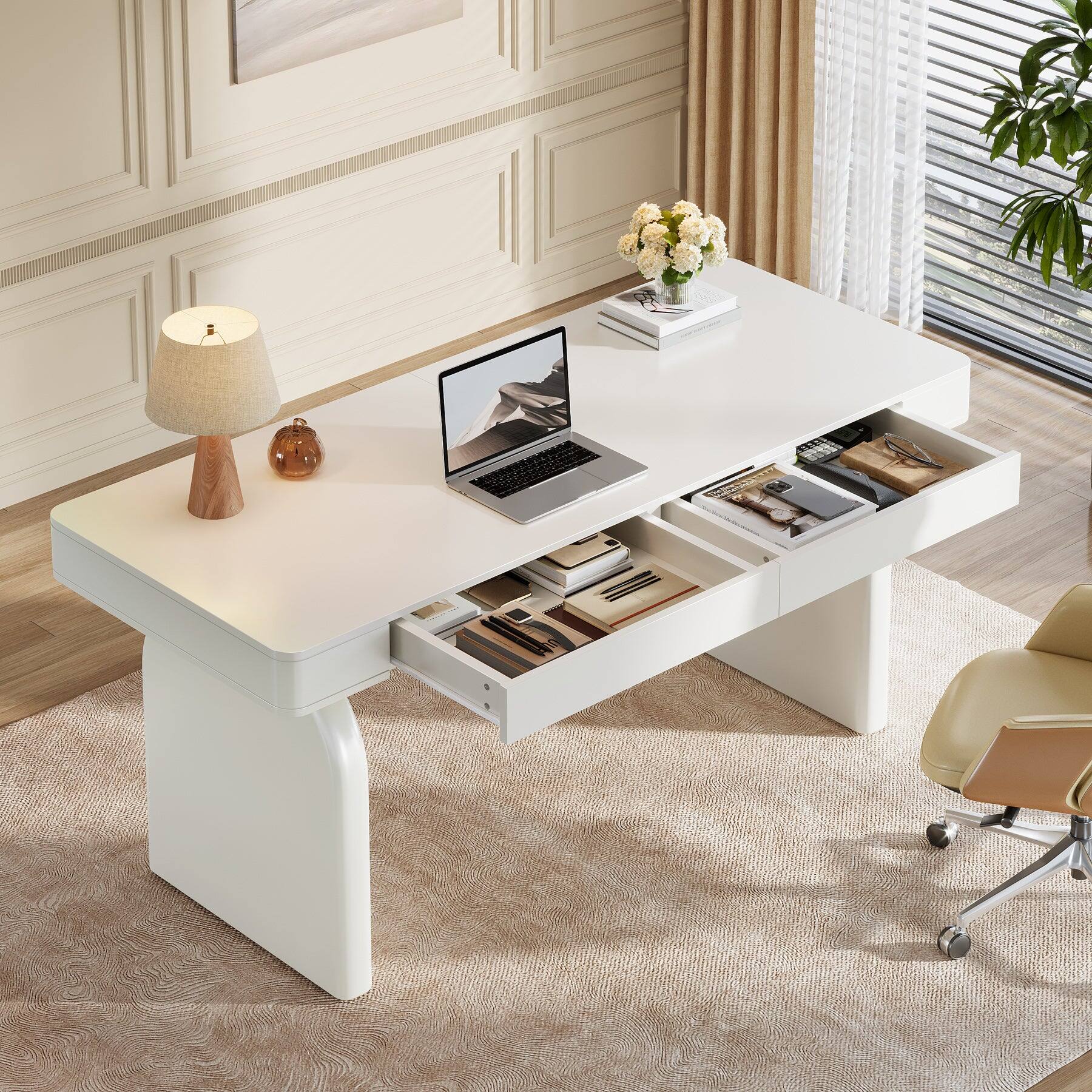 Angle. Tribesigns - Office Executive Desk with Engineered Wood Construction, Storage Drawers, for Computer Work and Writing in Home Offices - White.