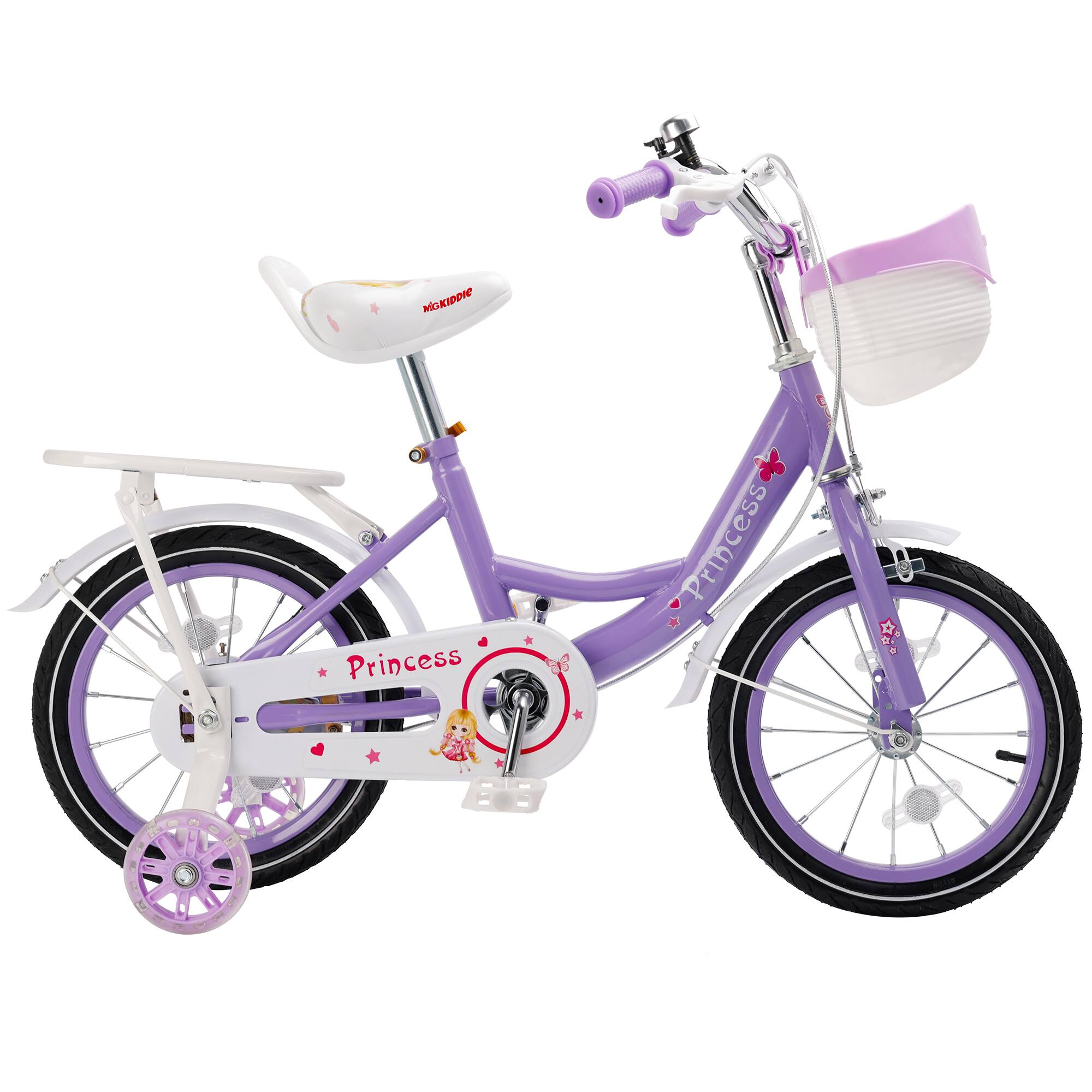 Angle. Topteng - ​​16-Inch Girls Bike with Training Wheels, Basket & Adjustable Seat - Purple, Dual Brakes, High-Carbon Steel Frame - Purple.