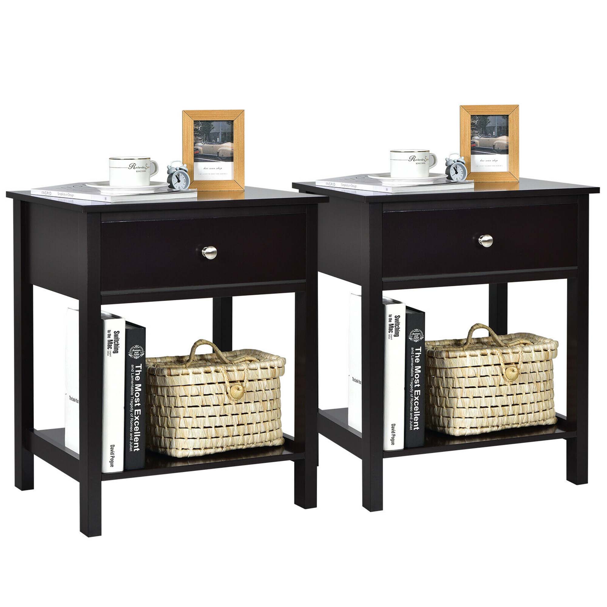 Gymax - 2PCS 2-Tier Nightstand Modern Side End Table w/ Drawer & Open Shelf - Brown