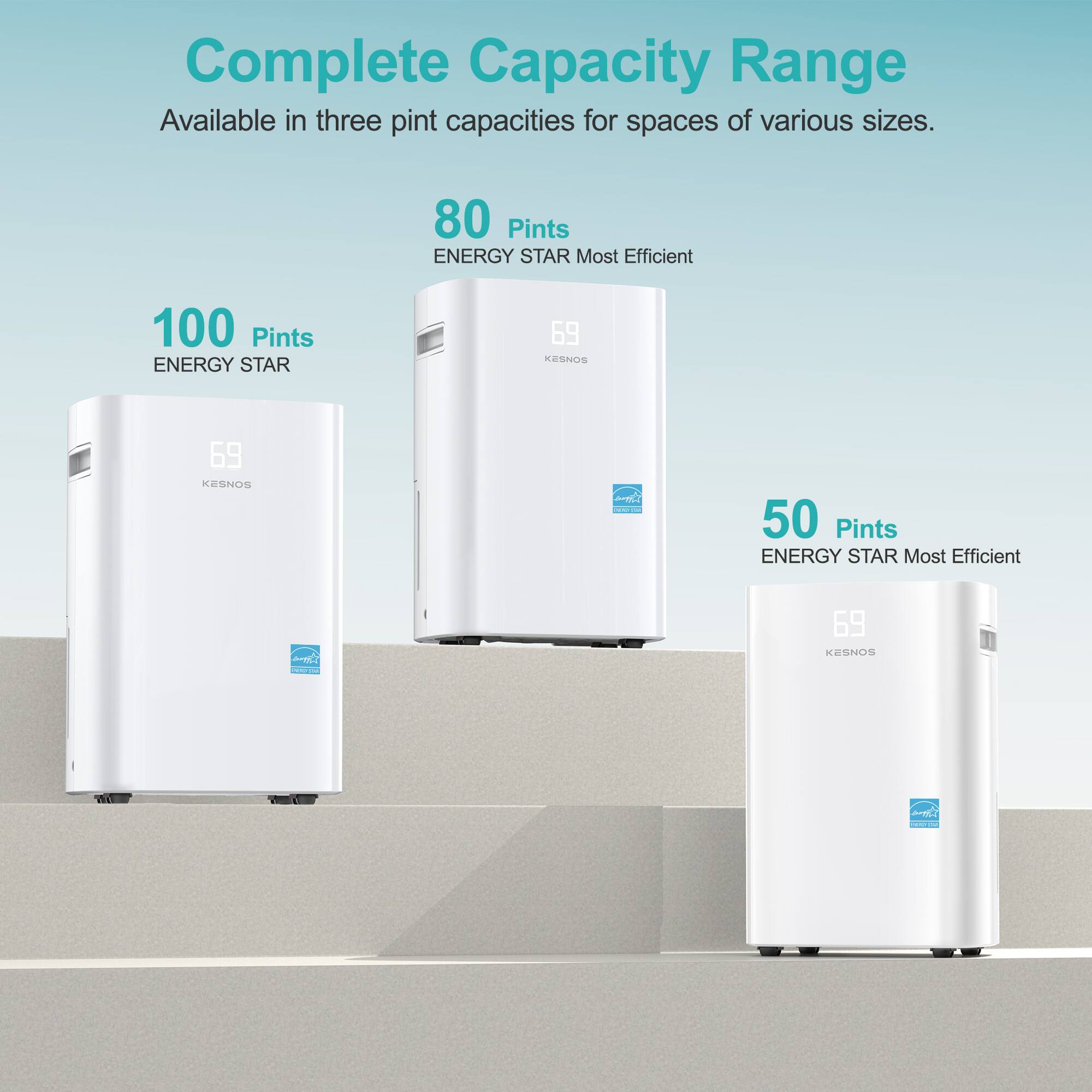 Complete Capacity Range  
Available in three pint capacities for spaces of various sizes.  

80 Pints  
ENERGY STAR Most Efficient  

100 Pints  
ENERGY STAR  

50 Pints  
ENERGY STAR Most Efficient  

69 KESNOS