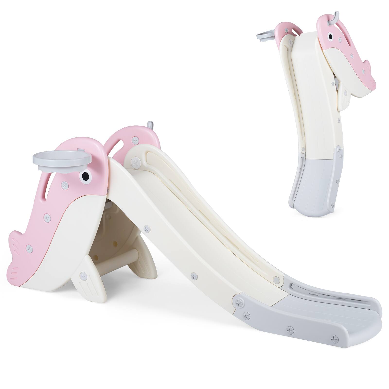 Front. Costway - Costway Foldable Toddler Slide with Basketball Hoop, Ring Toss, Ball, Inflator & Rings - Pink.