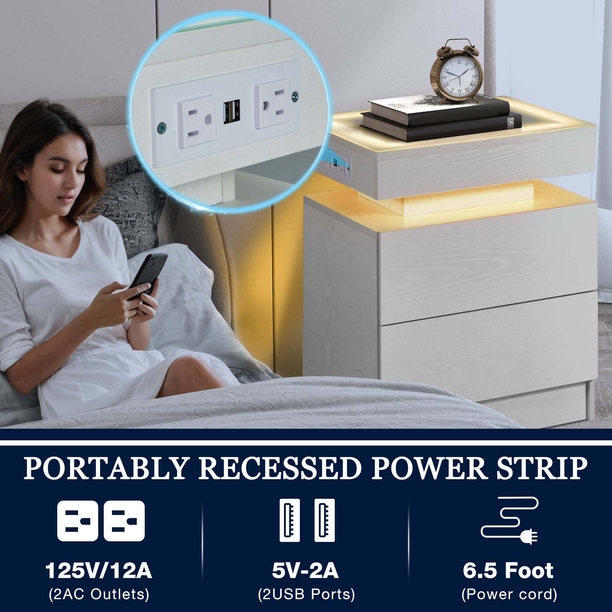 PORTABLY RECESSED POWER STRIP

125V/12A (2AC Outlets)

5V-2A (2USB Ports)

6.5 Foot (Power cord)