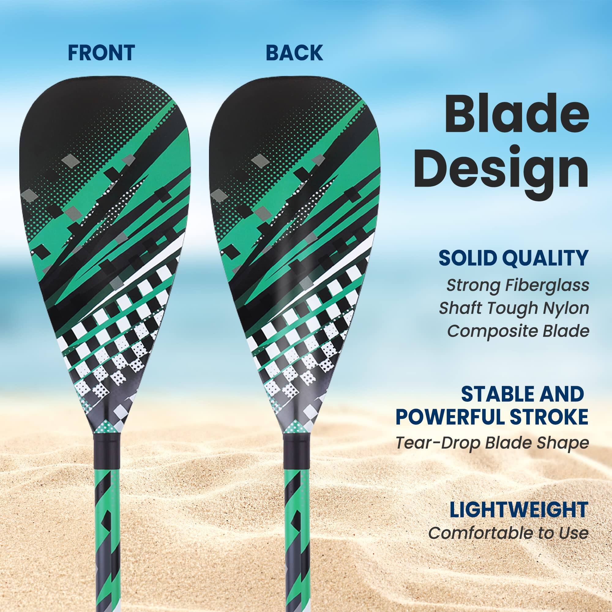 FRONT BACK Blade Design

SOLID QUALITY
Strong Fiberglass Shaft Tough Nylon Composite Blade

STABLE AND POWERFUL STROKE
Tear-Drop Blade Shape

LIGHTWEIGHT
Comfortable to Use
