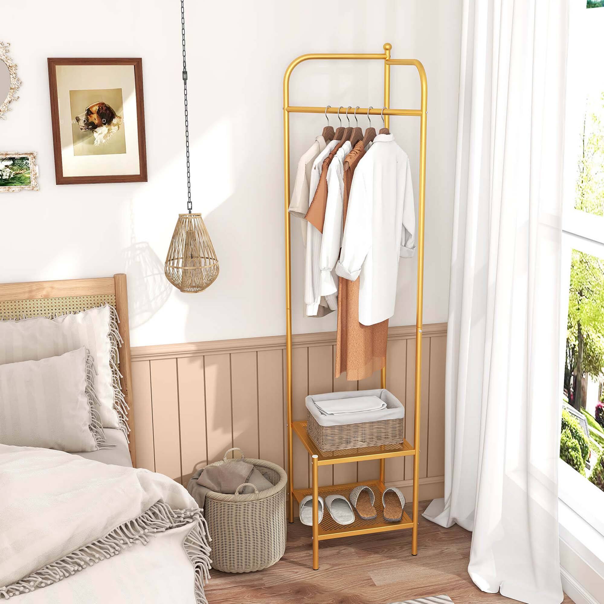 Alt View 3. Costway - Costway Corner Coat Rack with Shelves Freestanding Hall Tree with Top Hanger Golden - Golden.