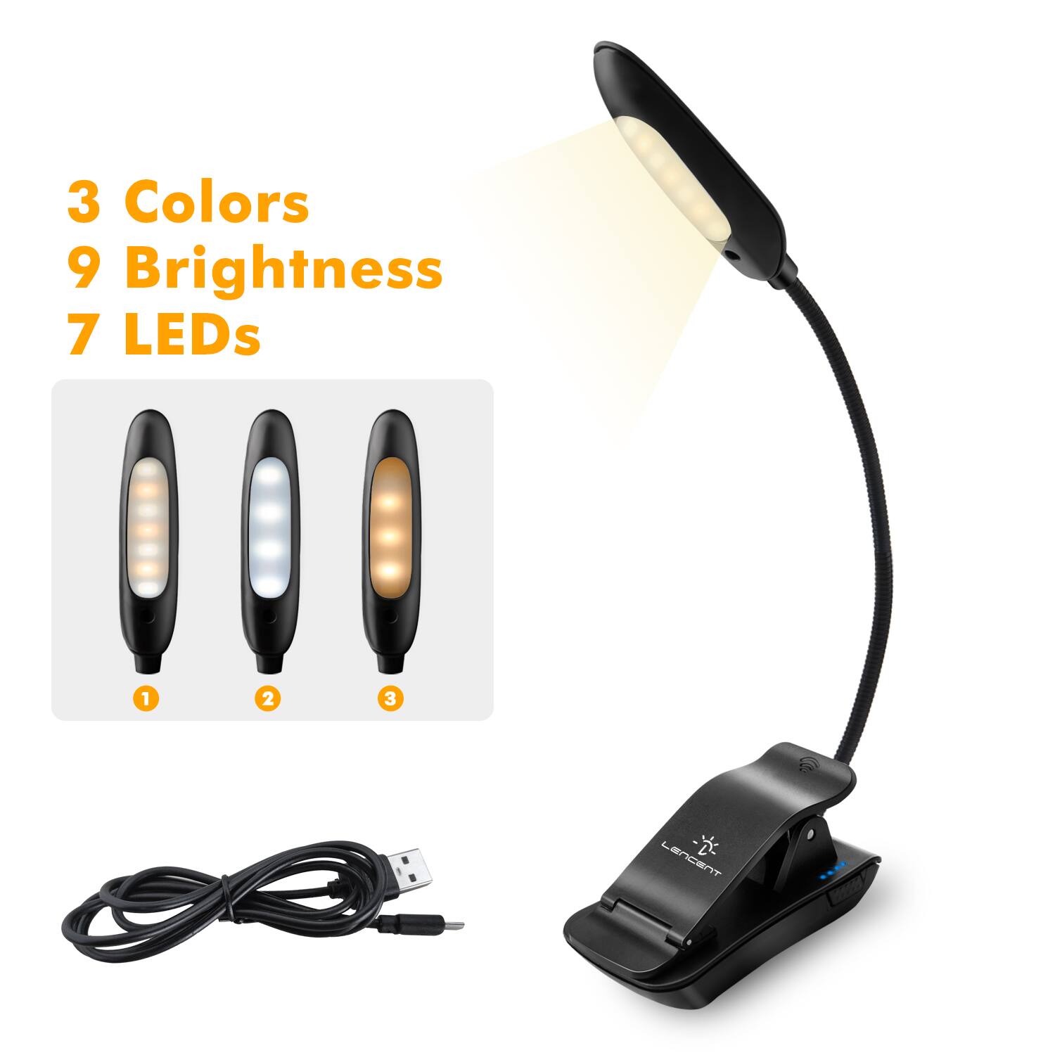 LENCENT 7 LED Book Light Clip USB Rechargeable Reading Light for Bed ...